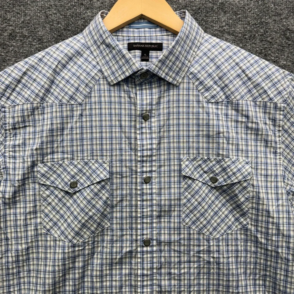 Banana Republic Western Button Shirt Mens XL Blue Short Sleeve Plaid Casual